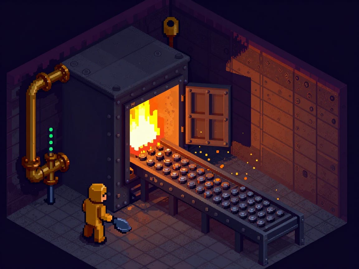 Pixel art burn room with an open furnace feeding on metal tokens