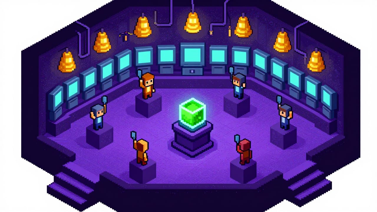 Pixel art cutaway of the auction pit, bidders at podiums around a glowing sample tank